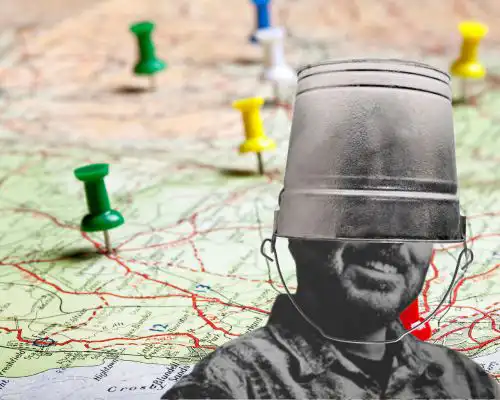 ray superimposed over a map with pins. there is a bucket on his head.