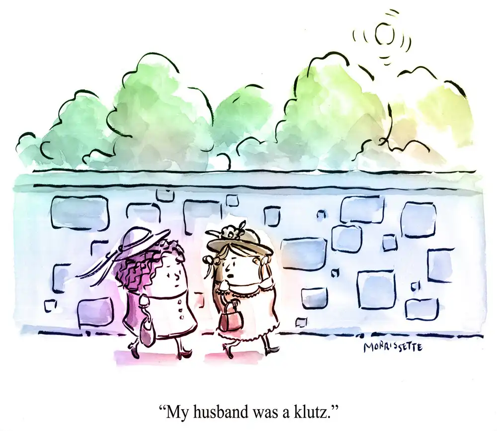 two anthropomorphic eggs walk past a wall, one says to the other "my husband was a klutz"