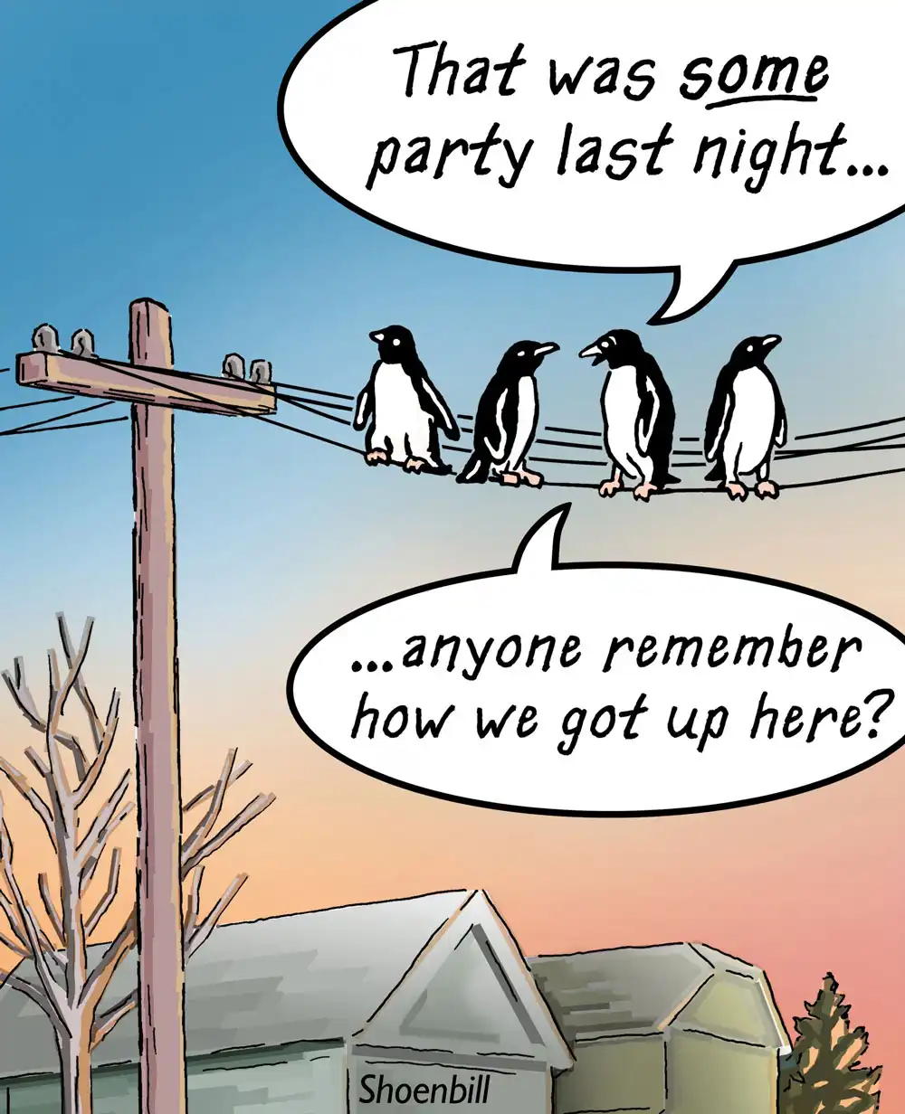 Penguins are on an electrical wire. One says "that was some party last night... anyone remember how we got up here?"