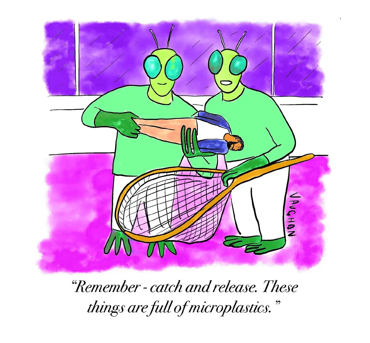 Two buglike aliens holding a captured human. "remember, catch and release. These things are full of microplastics"