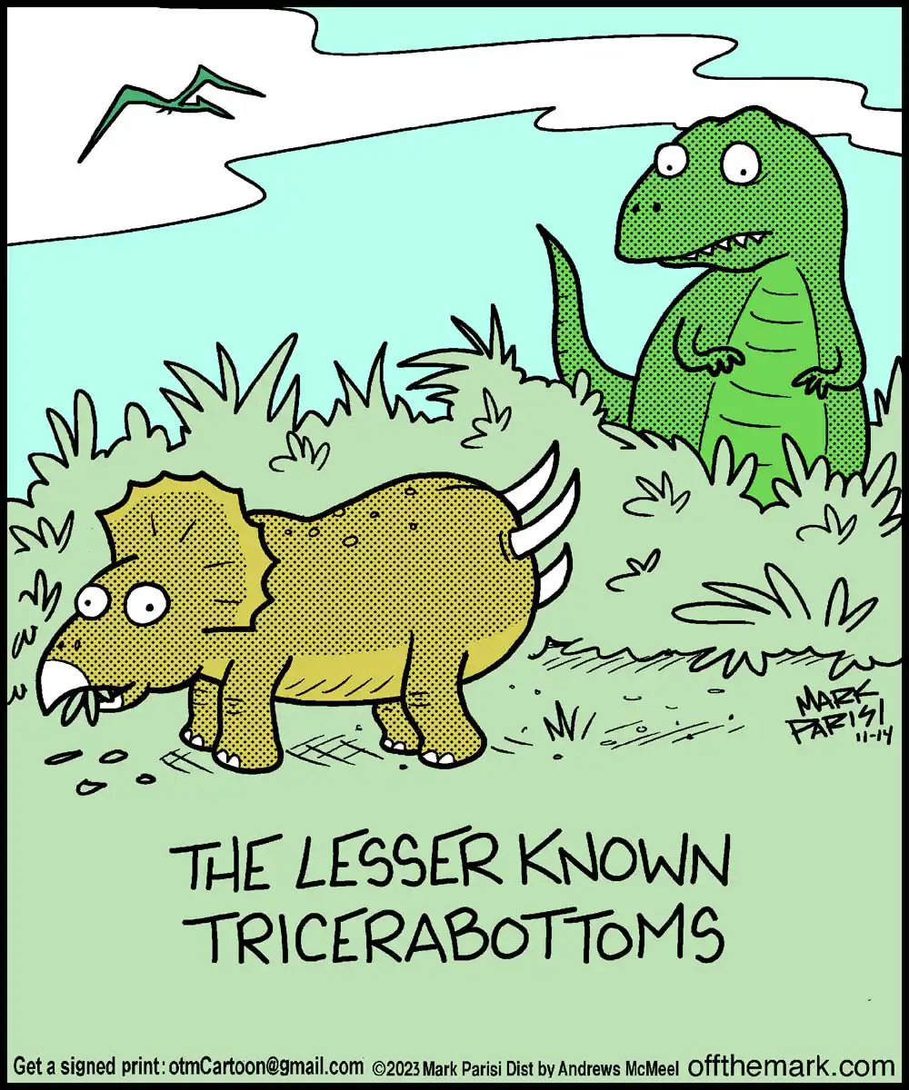 a dinosaur with spikes on its butt, labeled as "the lesser-known tricerabottoms"