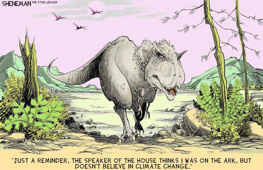 a t-rex menacingly says "just a reminder, the speaker of the house thinks i was on the ark but doesn't believe in climate change"