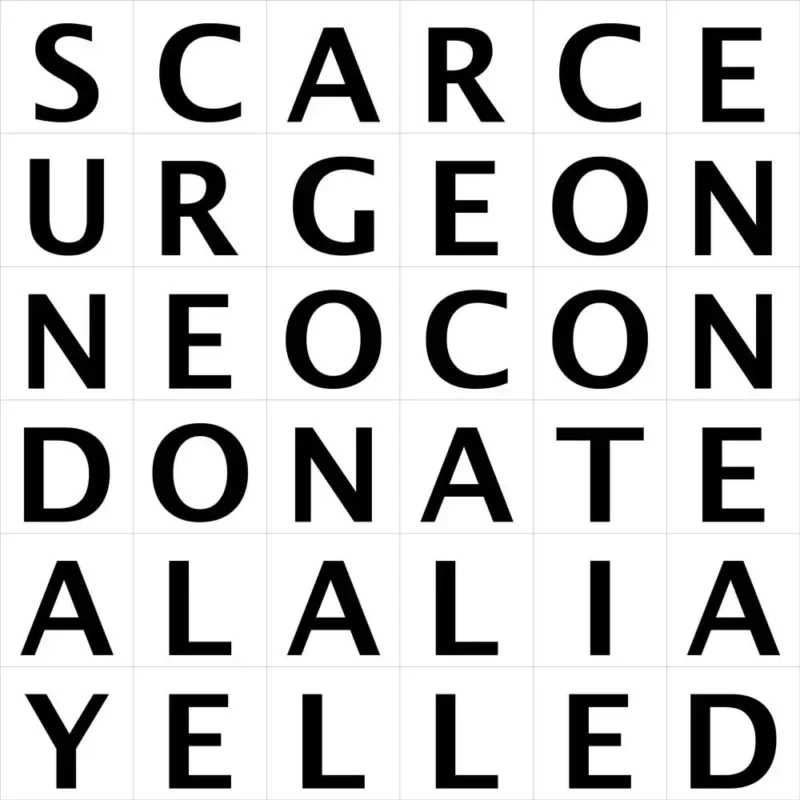 Row 1: S C A R C E
Row 2: U R G E O N
Row 3: N E O C O N
Row 4: D O N A T E
Row 5: A L A L I A
Row 6: Y E L L E D