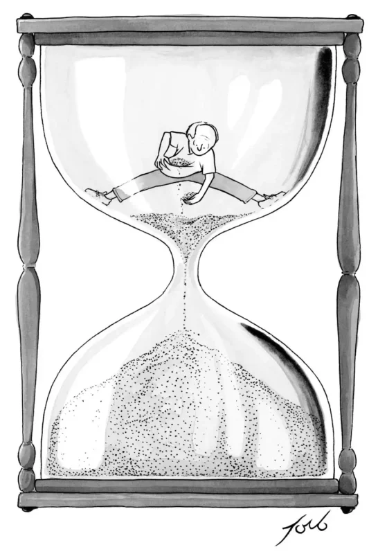 a man inside an hourglass, awkwardly straddling the drain in the middle and trying to scoop sand into his shirt. 
