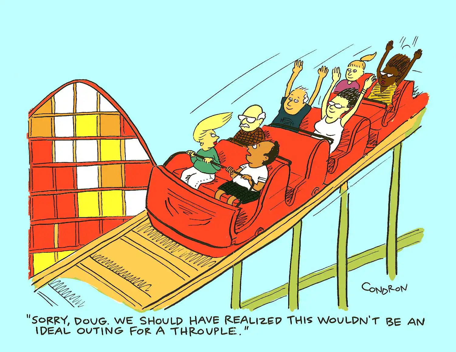 a roller coaster with the caption "sorry doug... we should have realized that this wouldn't be an ideal outing for a throuple..."