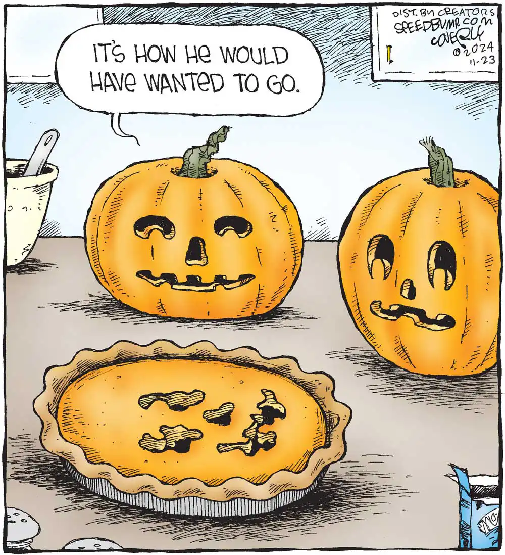 two jack-o-lanterns look on at a third which has been baked into a pie. one says "it's how he would have wanted to go"