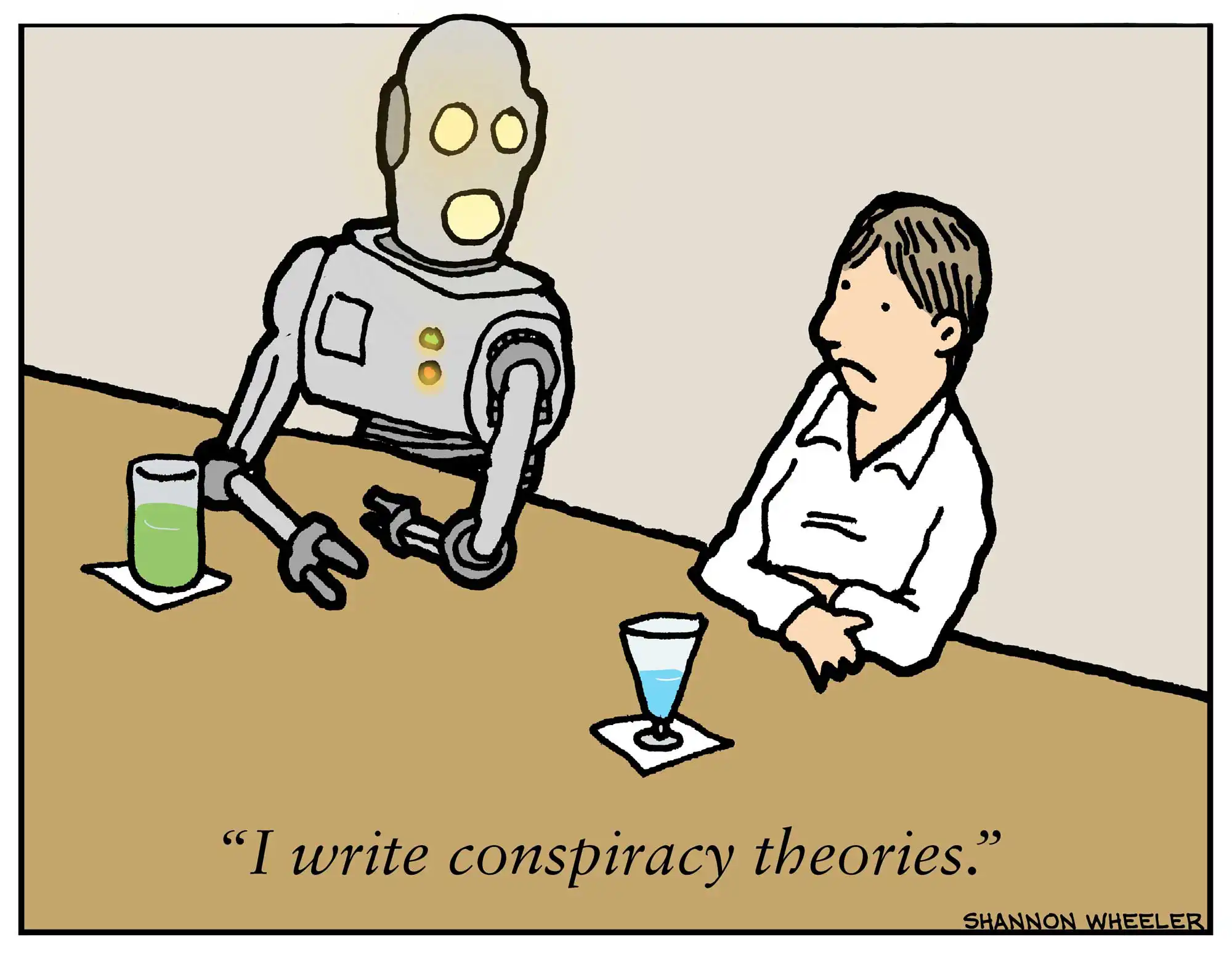 a man sits at a bar talking to the robot, who says "I write conspiracy theories"