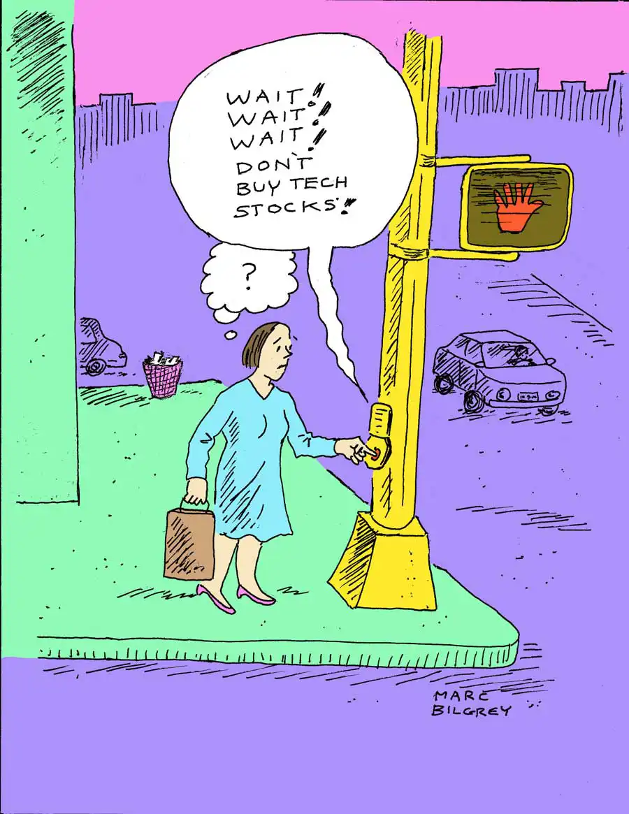 Person at a crosswalk. The light says "Wait! Wait! Wait! Don't buy tech stocks!"