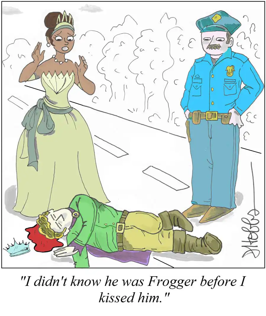 Dead prince lies in a road while a police officer talks to a princess. She says "I didn't know he was Frogger before I kissed him"