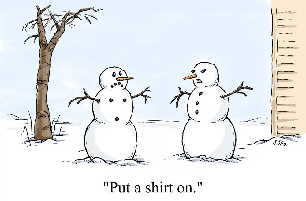 two snowmen, one with coal "buttons" and the other with coal in an anatomically correct configuration of nipples and navel. the first snowman angrily tells the second "put a shirt on"