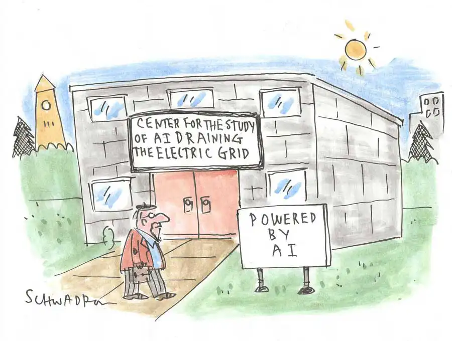 A single-panel cartoon by Harley Schwadron in which a man walks up to a building labeled 