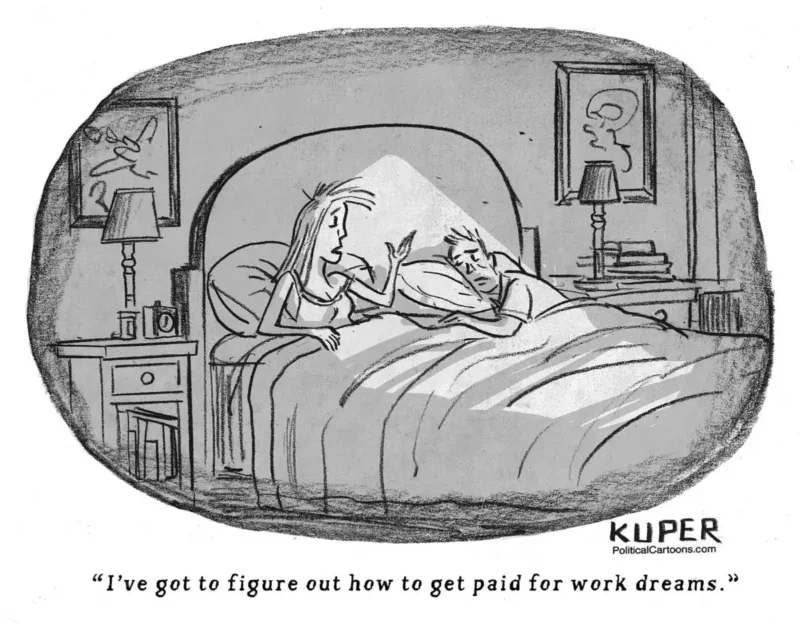 Cartoon by Peter Kuper of a distressed-looking couple in bed. The caption reads "I've got to figure out how to get paid for work dreams"