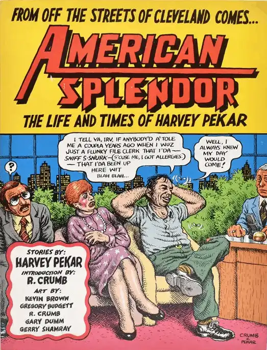 American Splendor magazine, featuring an R. Crumb drawing on the cover of Harvey Pekar on a late night talk show looking relaxed, while two horrified people look on
