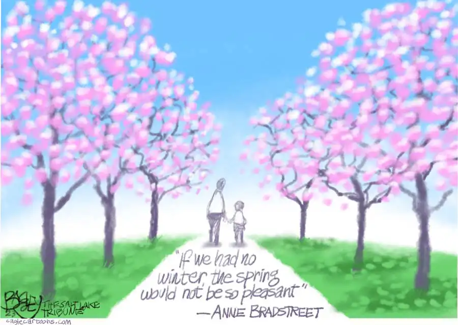 two figures walk through bright pink cherry blossoms. text reads "if we had no winter, the spring would not be so pleasant" - anne bradstreet