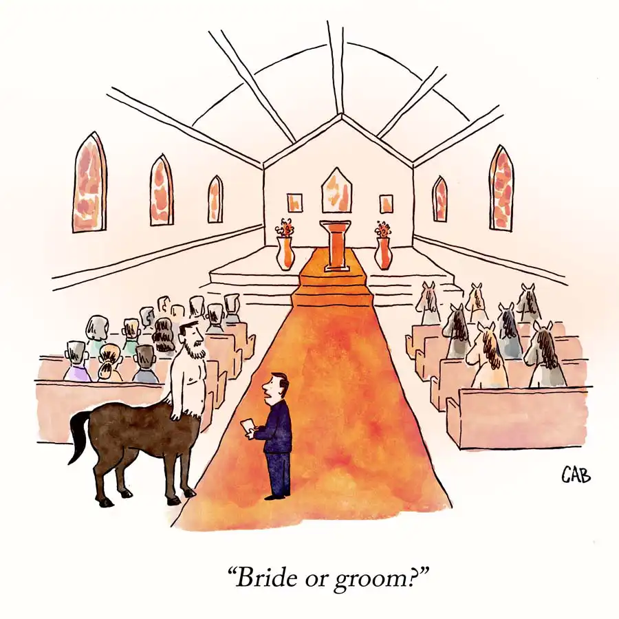 a centaur at a wedding with humans seated on one side and horses on the other. the usher asks "bride or groom?"