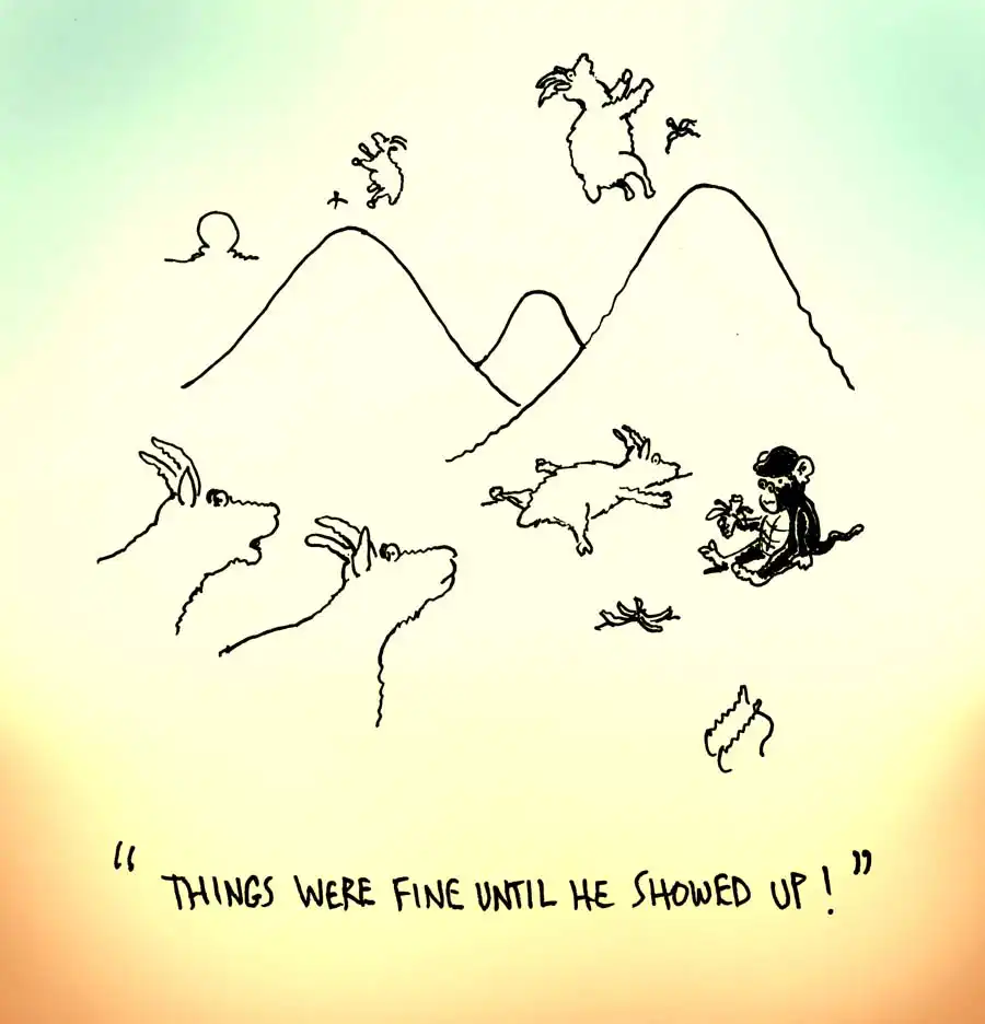mountain goats playing on a hillside while a monkey eats a banana. one goat says "things were fine until he showed up!"