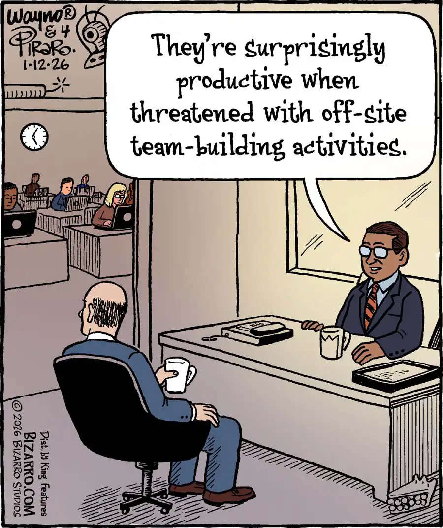 two men talk in an office while more workers are seen through a doorway. "they're surprisingly productive when threatened with off-site team-building activities"