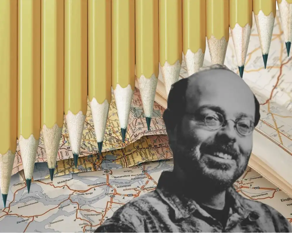 ray lesser, superimposed over a curtain of sharp pencils and a roadmap