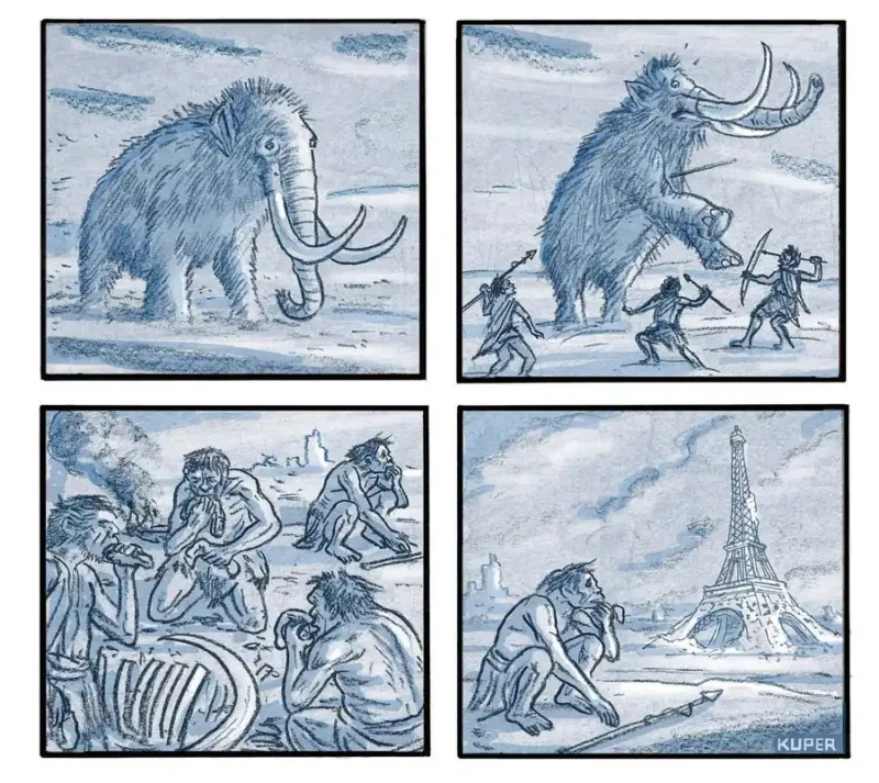 four panel cartoon of an eiffel tower in the ice age with cavemen and mammoths