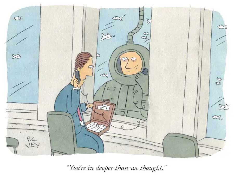 cartoon by pc vey. a man in a diving suit is visible through a window, while a man inside says 