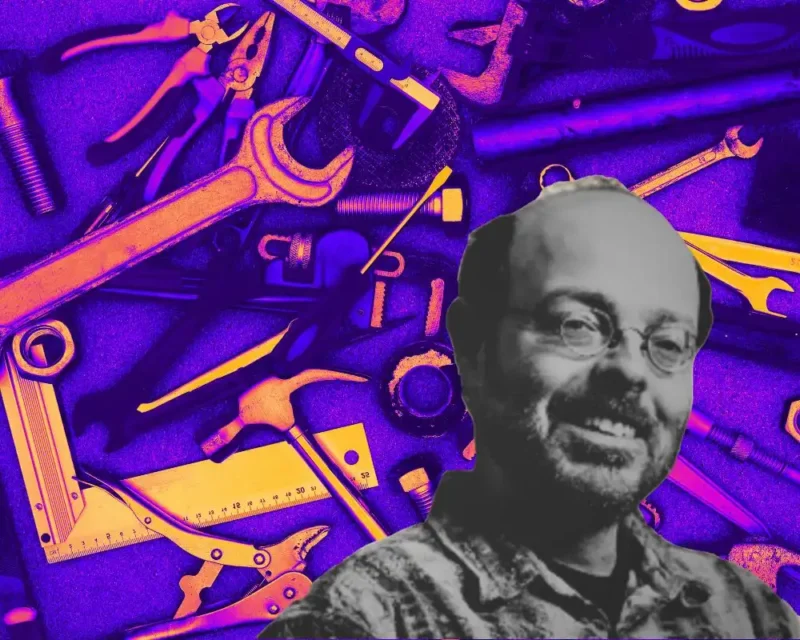 Photo of Ray Lesser superimposed over a background of assorted tools with a purple filter