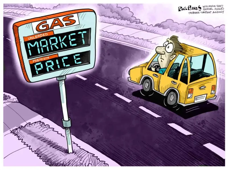 man drives past a gas sign with his eyes bugging out of his head. where the prices should be it says "MARKET PRICE"