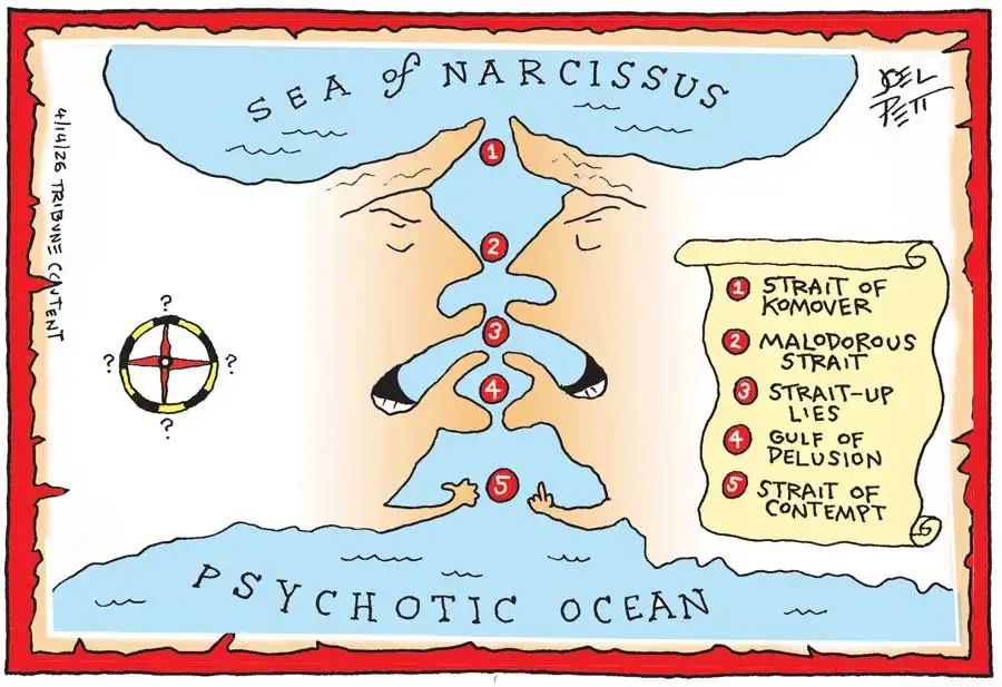 a cartoon of a map featuring two landmasses that resemble the profile silhouette of Donald Trump facing one another. The bodies of water are labelled 