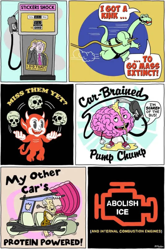 A 6 panel cartoon, each poking fun at fossil fuel dependency