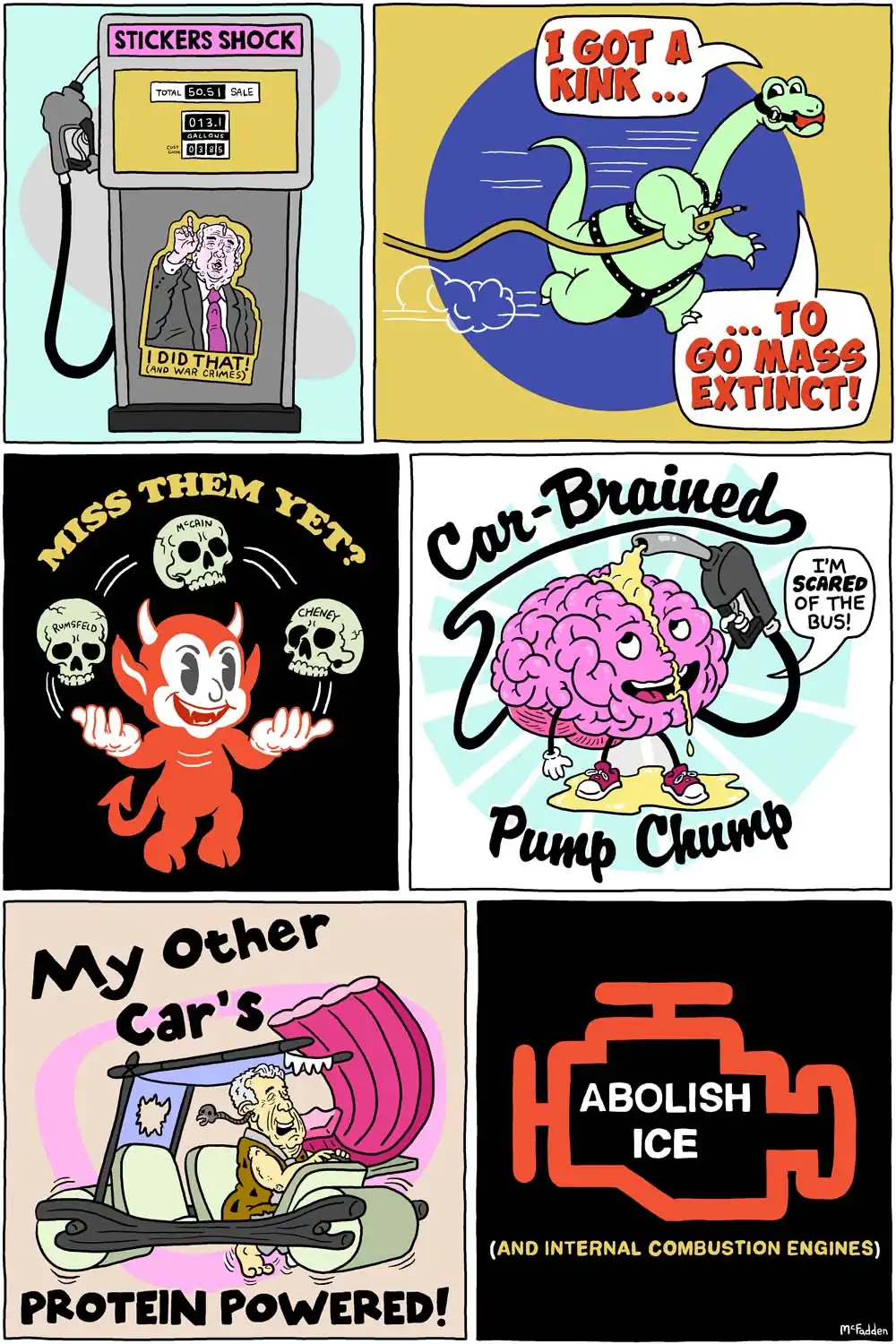 A 6 panel cartoon, each poking fun at fossil fuel dependency
