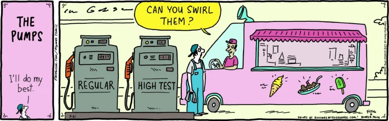 An ice cream truck pulls up to a gas pump, the driver asks the attendant "can you swirl them?"