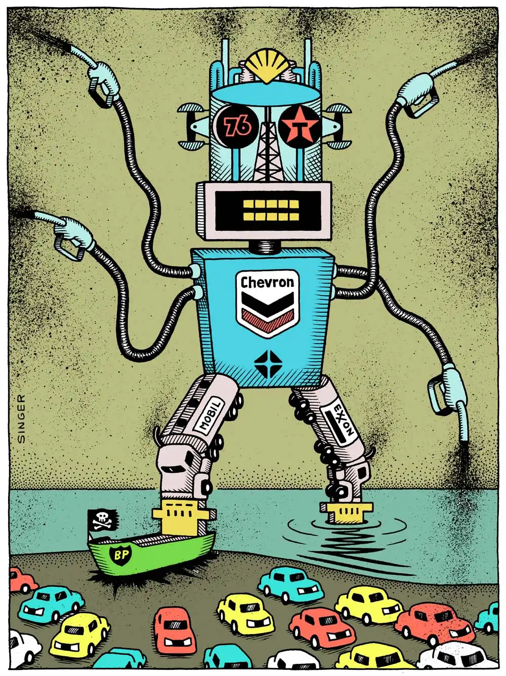 A huge mecha made of pieces of oil refineries, gas pumps and oil tanker legs emerges out of the water 