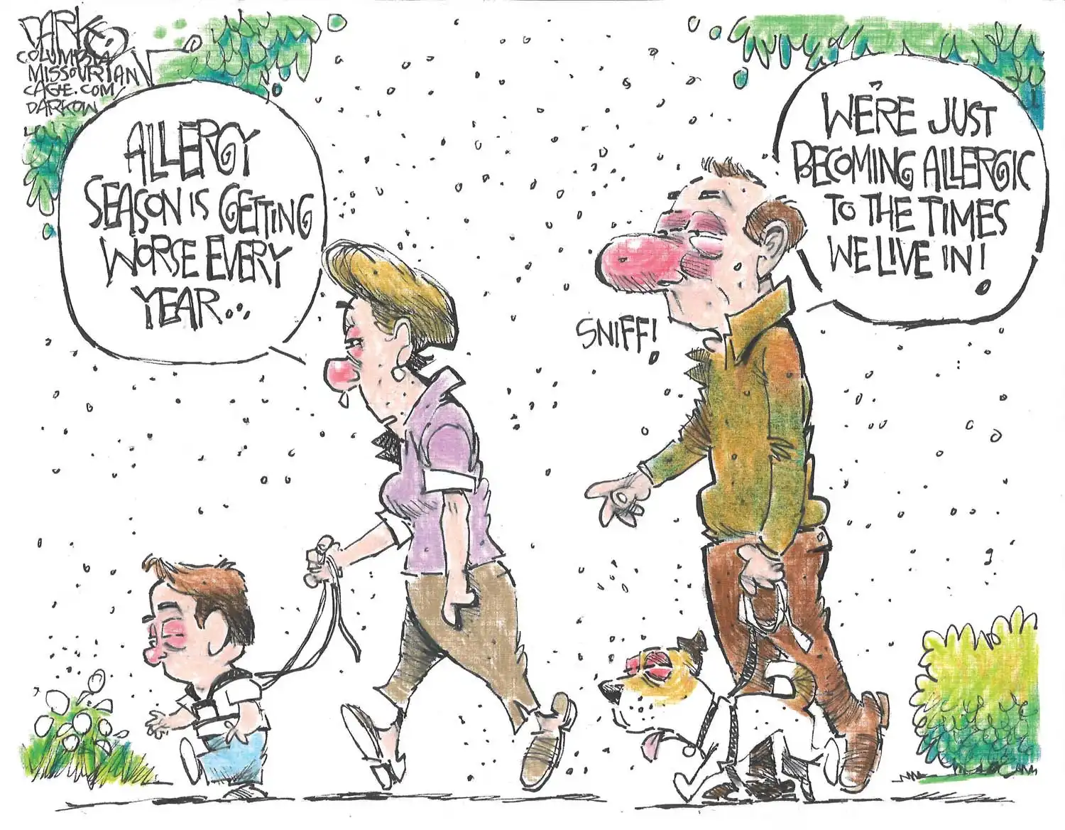 family walks through a cloud of pollen with swollen red noses and watery eyes. one parent says "allergy season is getting worse every year" while the other says "we're just becoming allergic to the times we live in!"