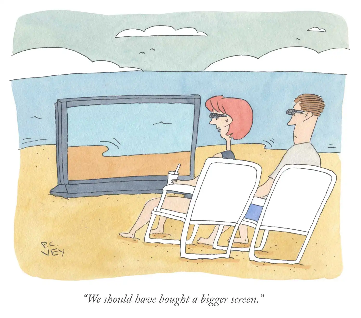 couple sits on the beach looking at the ocean through a TV screen. The caption reads "we should have bought a bigger screen"