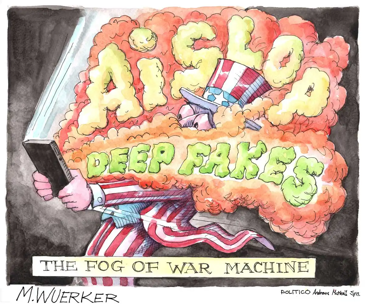 cartoon of uncle sam looking at a phone being surrounded by clouds of "ai slop" and "deep fakes". the caption reads "the fog of war machine"