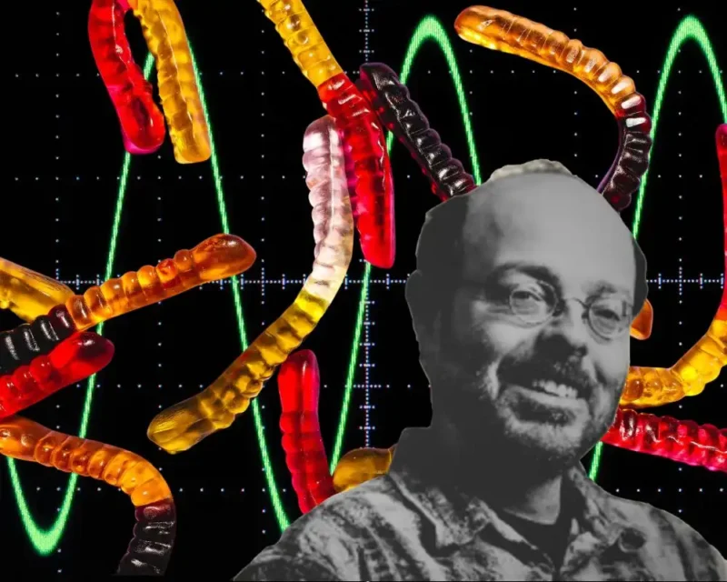 Ray lesser imposed over an oscilloscope reading and some gummy worms