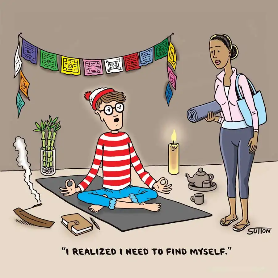 Where's Waldo is meditating surrounded by candles, incense and a journal while a woman holding a yoga mat looks on. The caption reads 