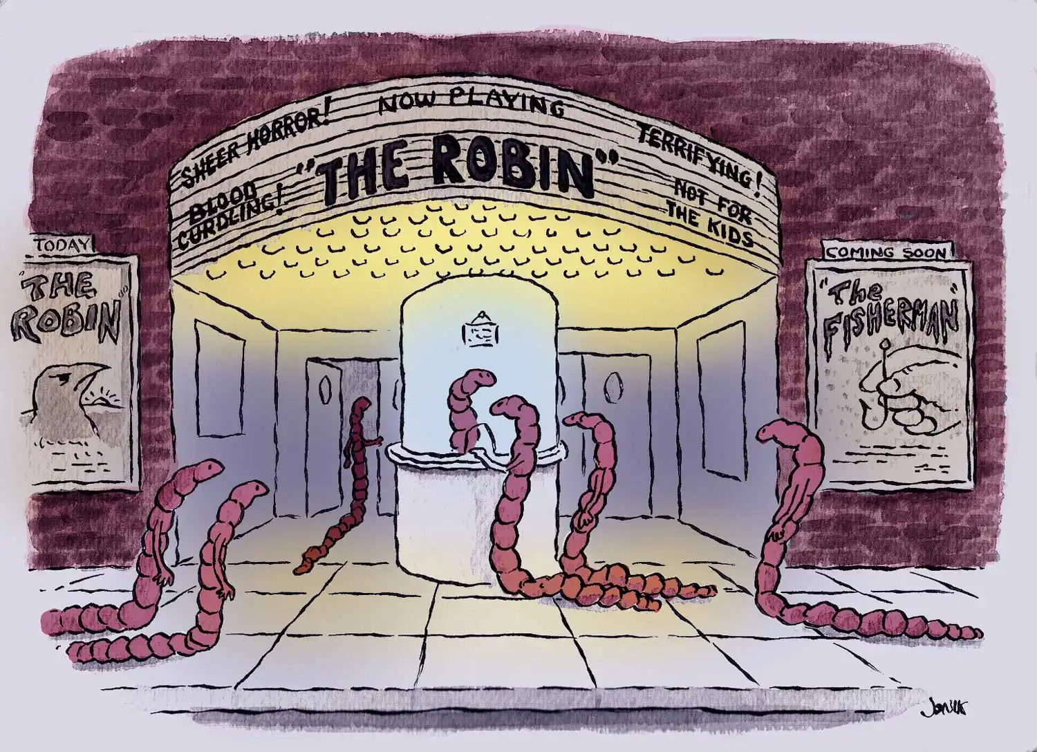 worms going into a movie theatre, with marquee and posters featuring films such as "the robin" and "the fisherman"
